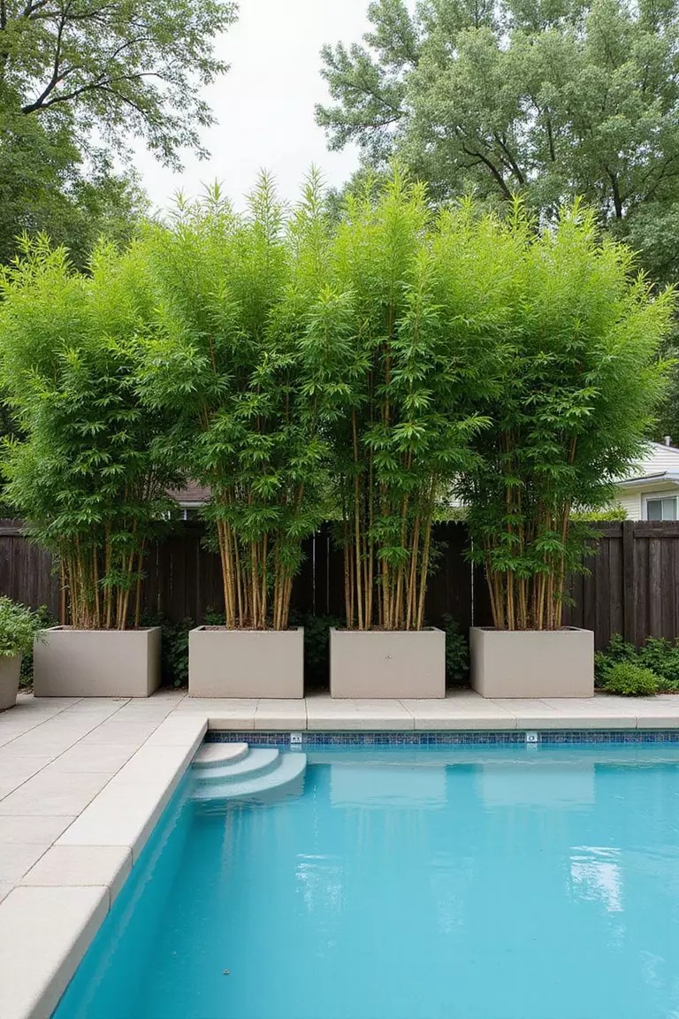 A photo of a typical American home's garden featuring tall rectangular planters with growing bamboo creating a natural privacy screen along one side of a swimming pool.