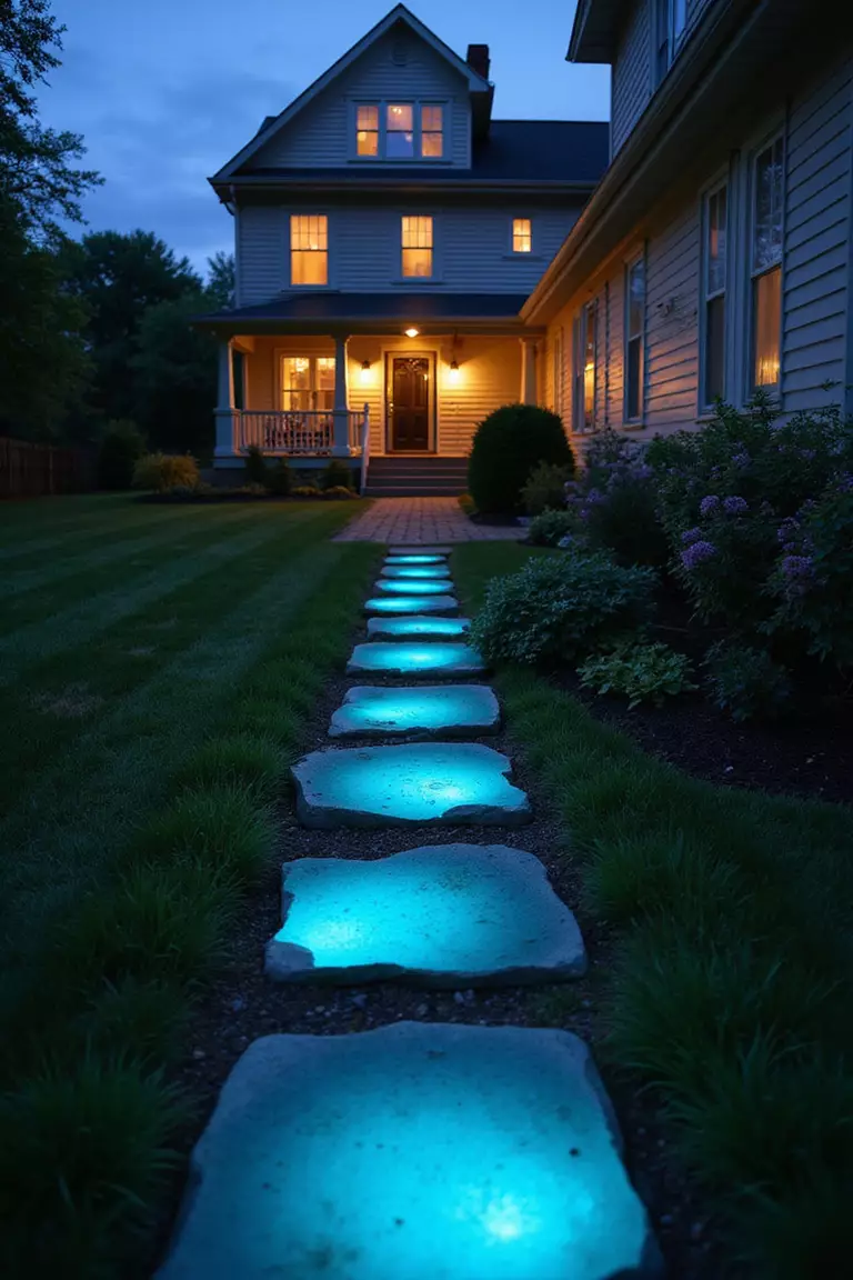 A photo of a typical American home's garden at dusk showing stepping stones that glow with blue-green light along a dark garden path.