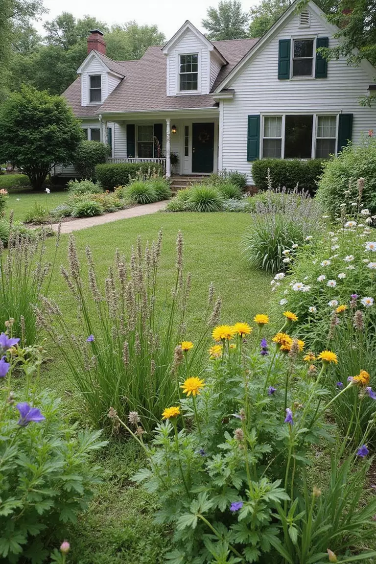A photo of a typical American home's garden with loosely arranged native perennials, grasses, and wildflowers creating a natural, meadow-like appearance