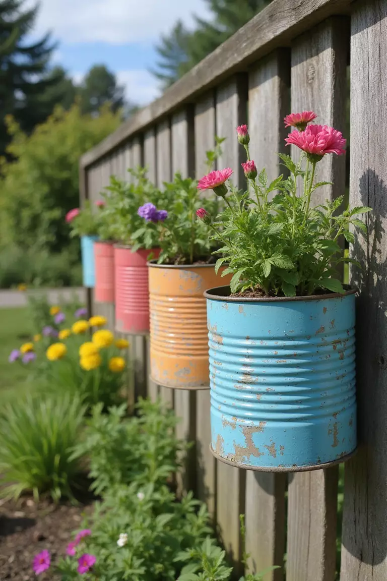 Colorful Tin Can Planters A close-up photo of a typical American home's garden featuring a row of brightly painted tin cans repurposed as planters, filled with cascading flowers and herbs on a wooden fence.