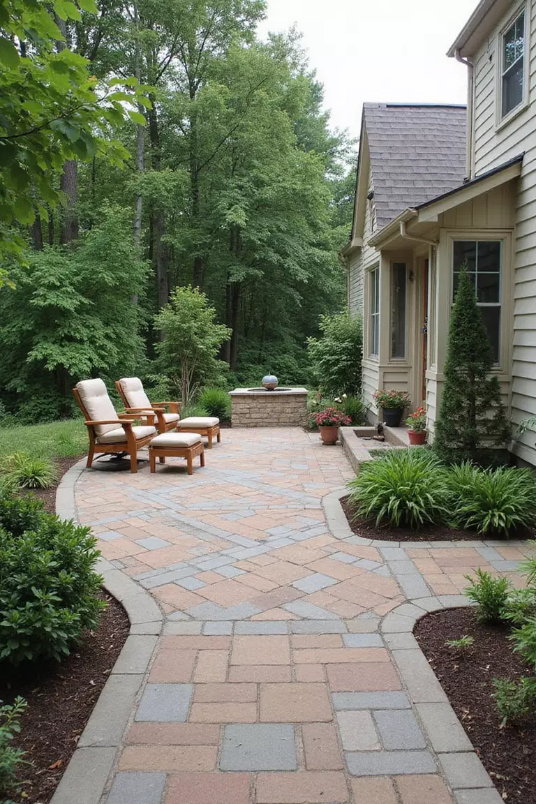 A photo of a typical American home's garden patio with matching pavers extending from the patio to pathways, with consistent color scheme throughout the landscape design.
