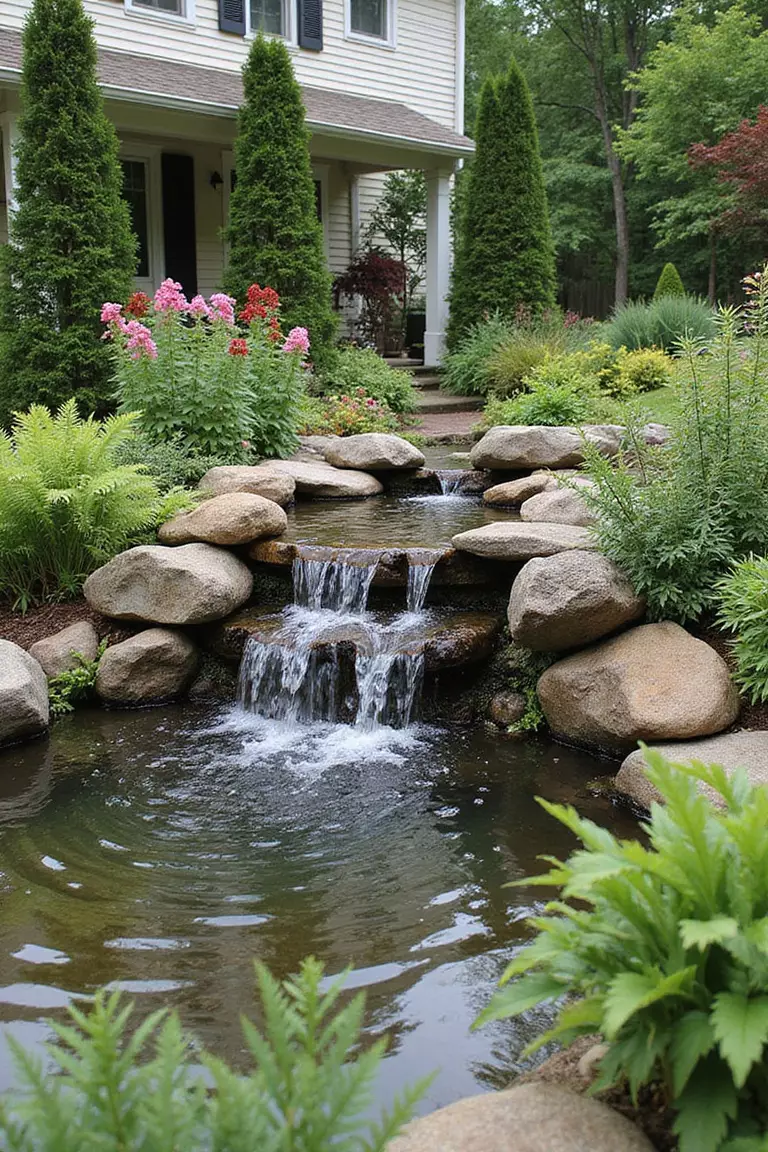 A photo of a typical American home's garden showing a small cascading waterfall flowing over natural stones into a backyard pond surrounded by ferns and flowering plants.