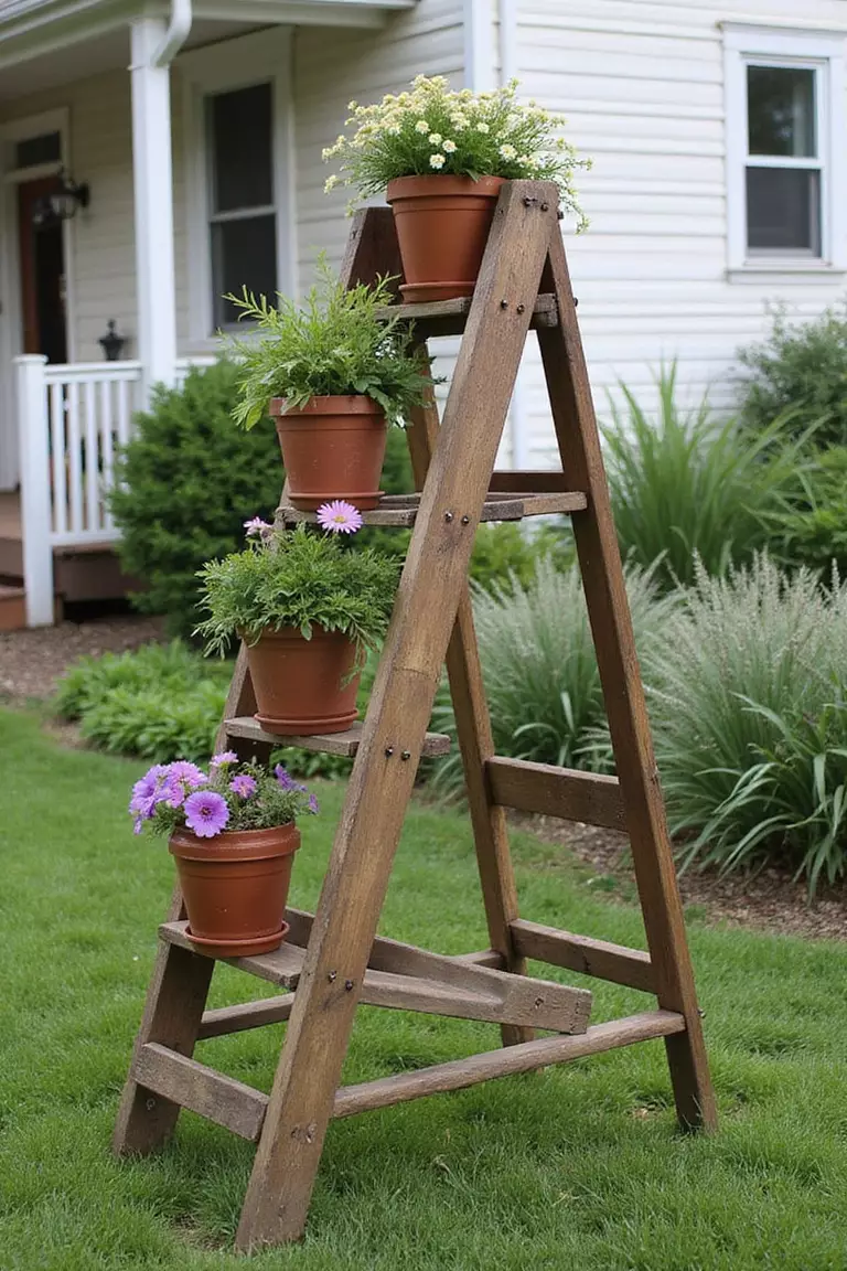 A photo of a typical American home's garden featuring an old wooden ladder repurposed as a plant stand, with pots placed on each step creating a vertical display.