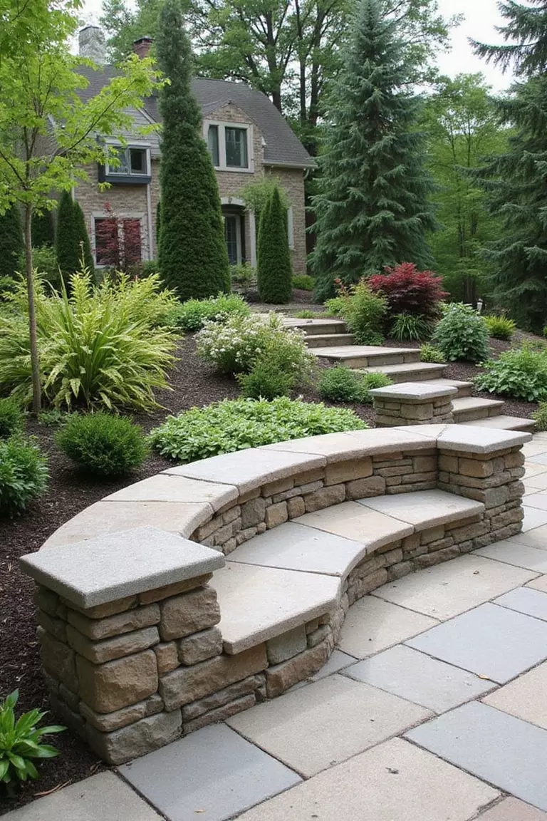 A photo of a typical American home's garden with a curved stone retaining wall that doubles as seating, topped with flat capstones and surrounded by plants