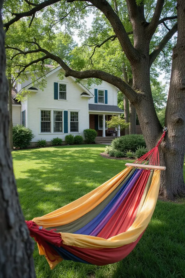 Hammock Between Two Trees Backyard of a typical American suburban home with a garden featuring a colorful hammock strung between two mature oak trees, dappled sunlight filtering through leaves.