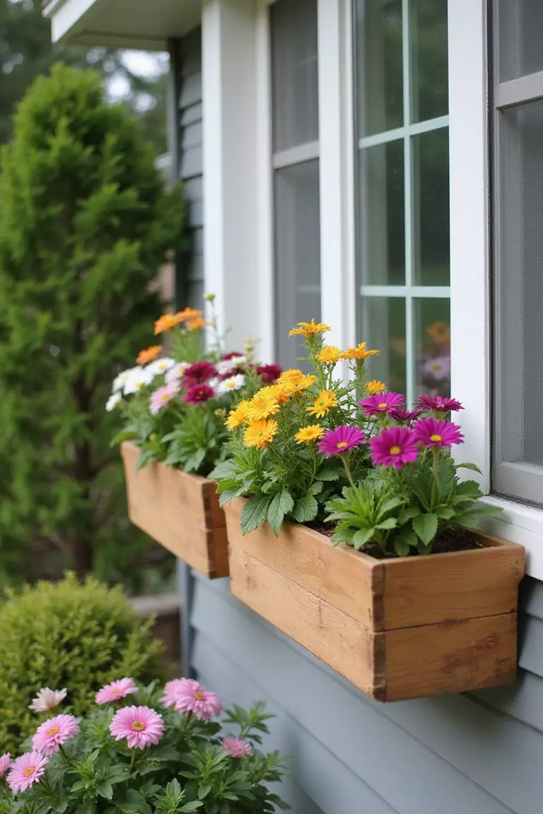 A close-up photo of a typical American home's garden featuring wooden window box planters attached to patio railings, overflowing with colorful seasonal flowers.