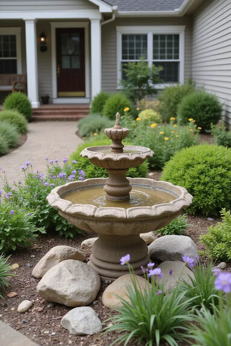 A photo of a typical American home's garden with a small bubbling stone fountain surrounded by flowering plants and decorative rocks.