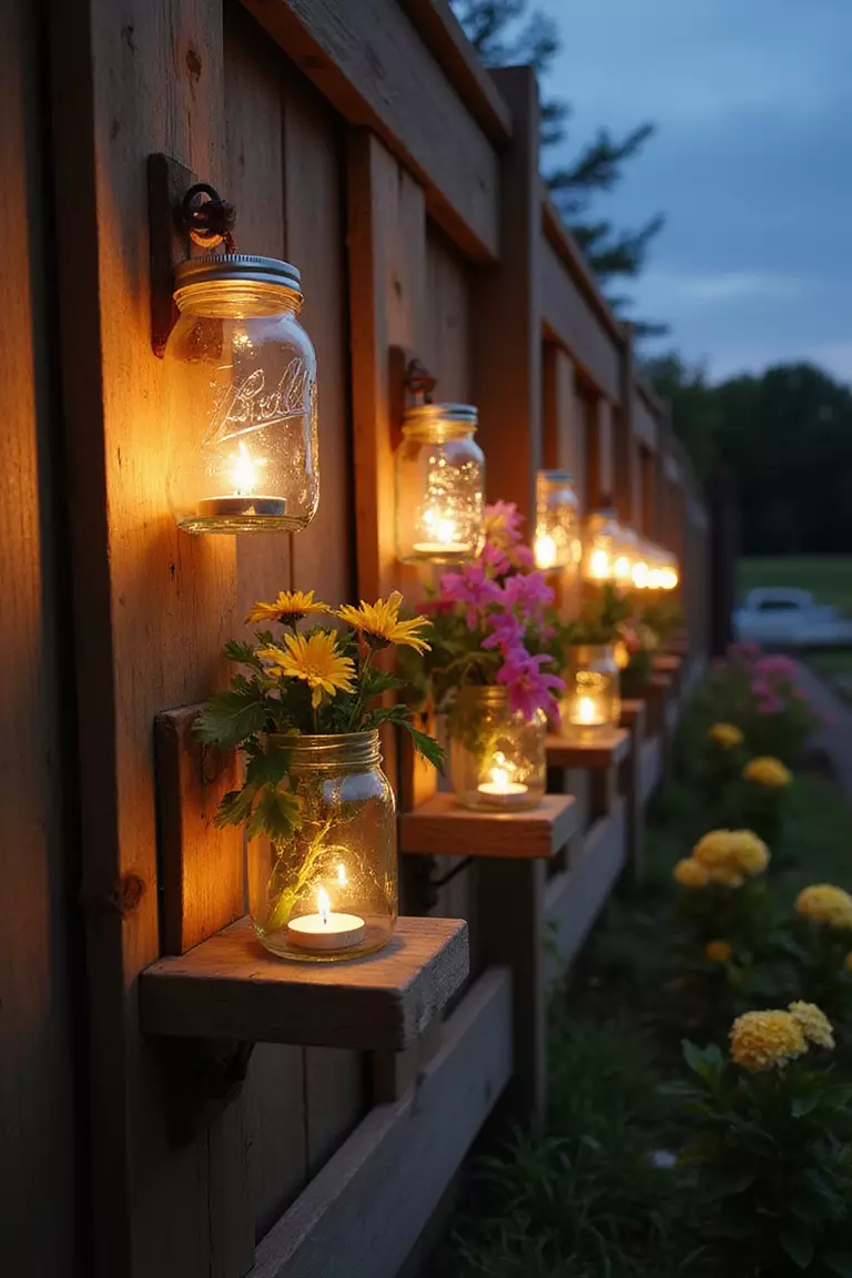 Mason Jar Wall Sconces A close-up photo of a typical American home's garden wall with mason jars mounted on wooden boards, filled with tea lights and flowers, glowing at dusk.