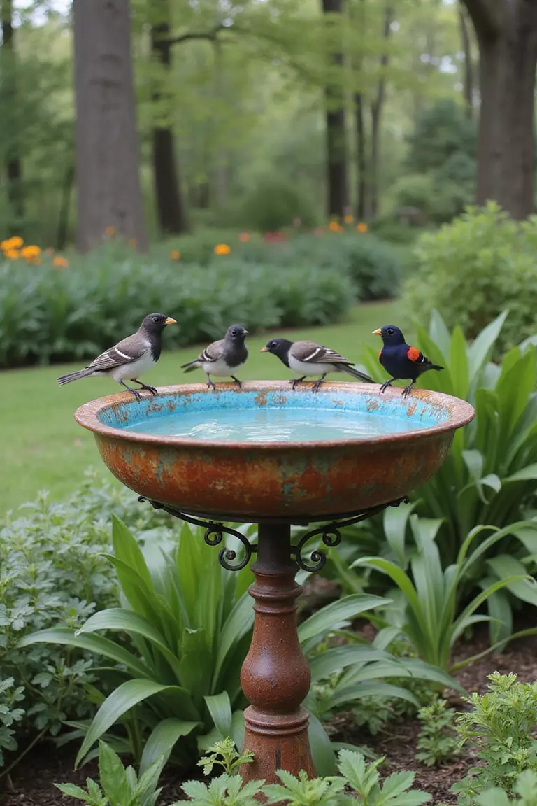 A photo of a typical American home's garden with a repurposed metal lamp base supporting a colorful ceramic bowl filled with water, as birds perch on its edge.