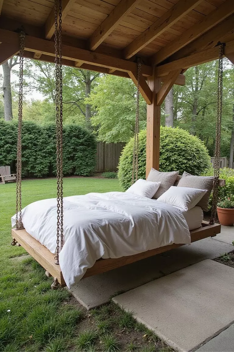 A photo of a typical American home's garden with a large suspended platform bed swing hung from sturdy beams, covered with outdoor-friendly bedding and pillows