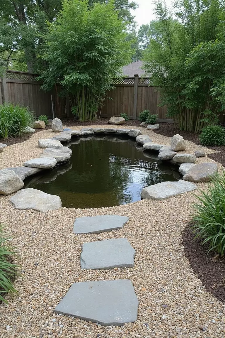 A photo of a typical American home's garden featuring a simple, clean-lined pond surrounded by raked gravel, smooth stones, bamboo, and minimal plantings.