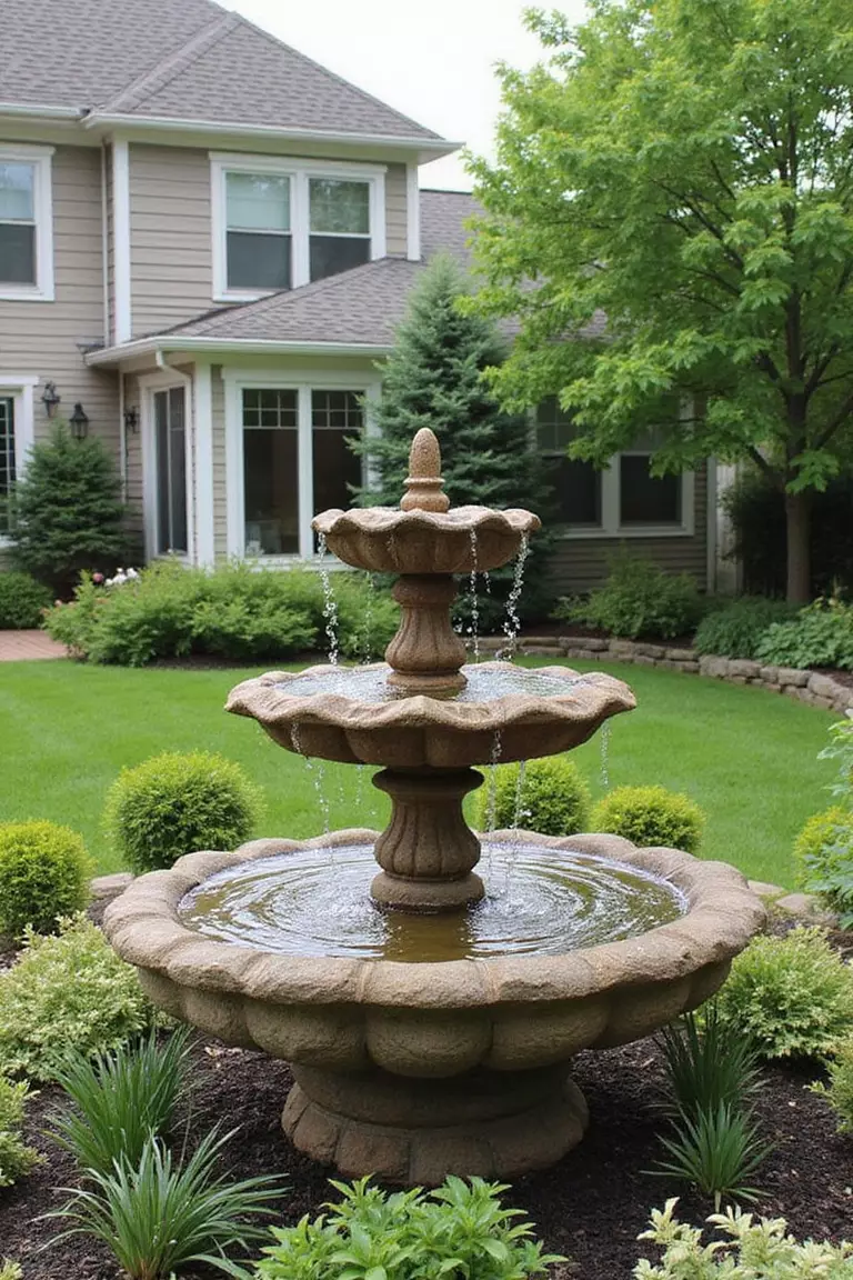Backyard of a typical American suburban home with a garden centered around a small stone fountain with water cascading over multiple levels, surrounded by lush plants.