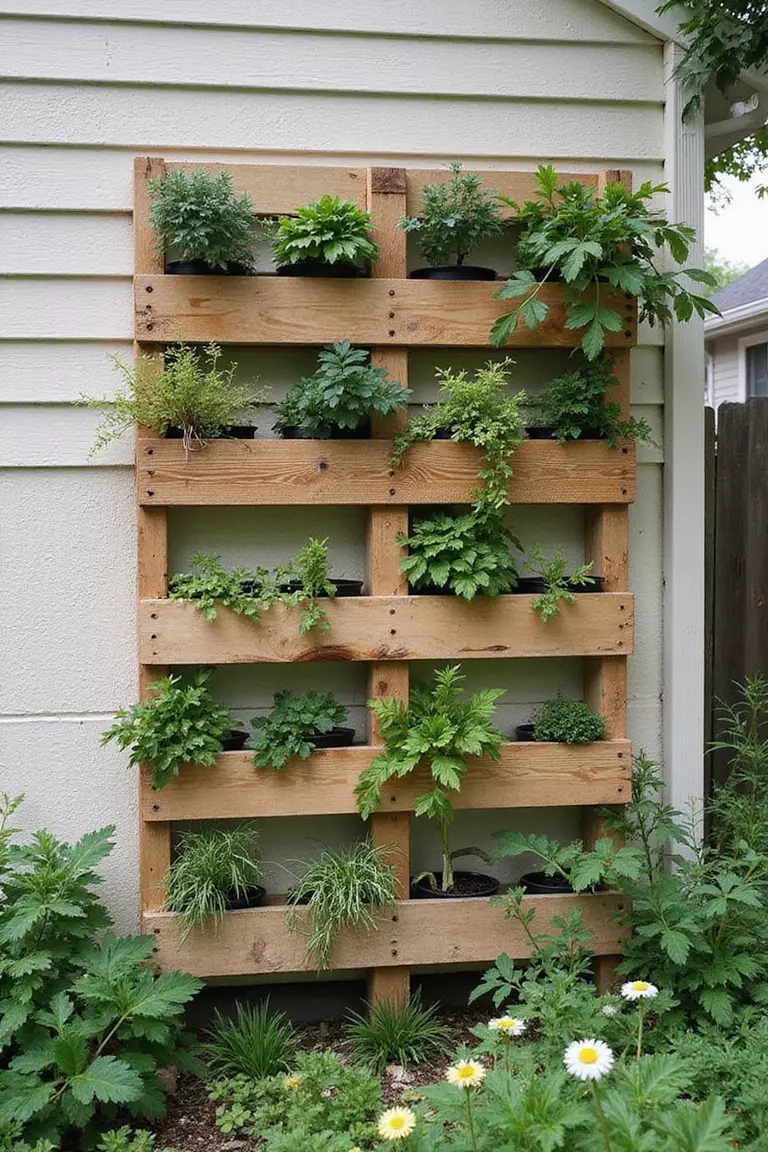 Pallet Vertical Garden A photo of a typical American home's garden featuring a wooden pallet mounted vertically on a wall, transformed into a living garden with various plants growing from each slat.