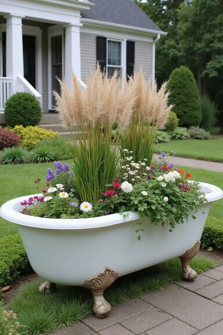 A photo of a typical American home's garden featuring a vintage clawfoot bathtub repurposed as a large planter filled with a mix of flowers and decorative grasses.