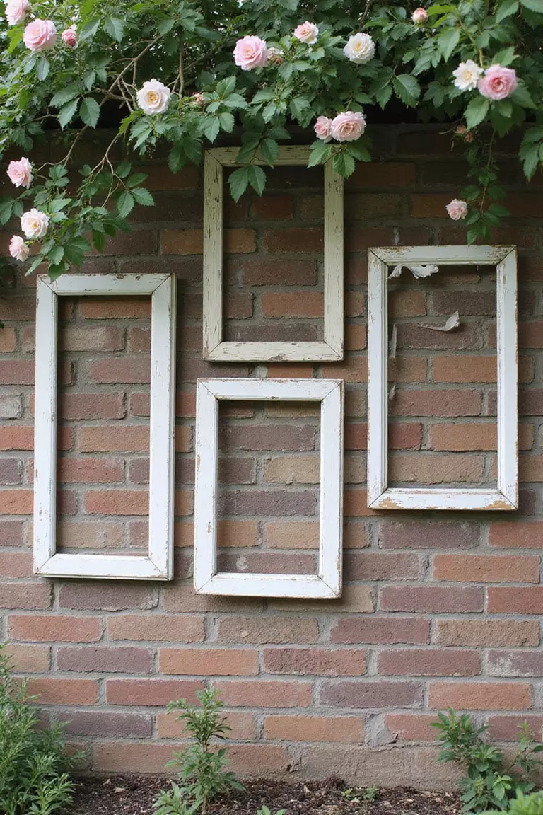 Antique Window Frames A photo of a typical American home's garden wall decorated with empty vintage window frames painted in distressed white finish against a brick background with climbing roses.