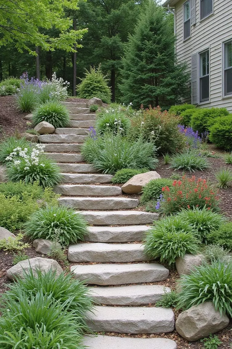 A photo of a typical American home's garden featuring rock stairs climbing a gentle slope, bordered by small alpine plants and flowers.
