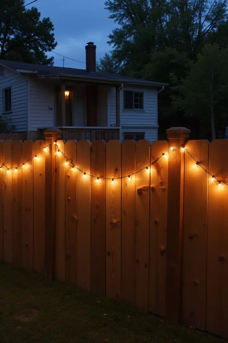 A photo of a typical American home's wooden fence with string lights running along the top edge, creating a border of warm light around the yard.