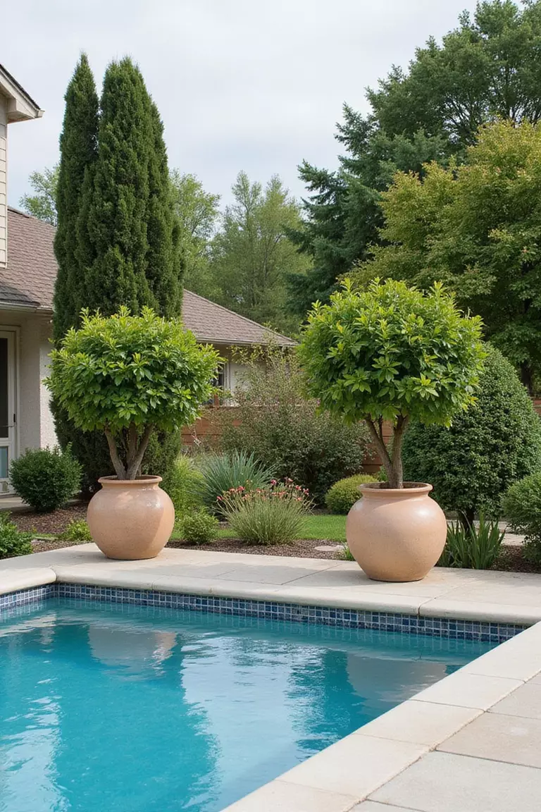 A photo of a typical American home's garden showing dwarf citrus trees in large ceramic pots positioned at corners of a rectangular swimming pool.