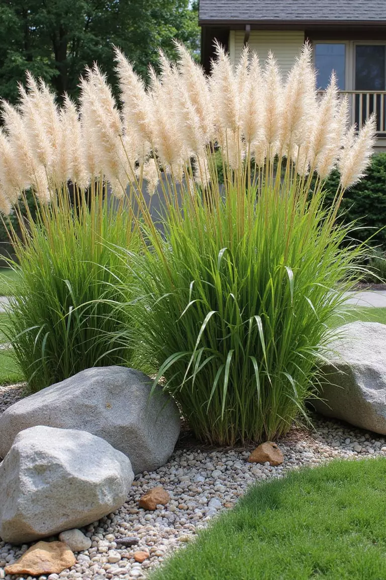 A photo of a typical American home's garden featuring tall ornamental grasses swaying behind rocks of various sizes, creating movement and texture contrast.