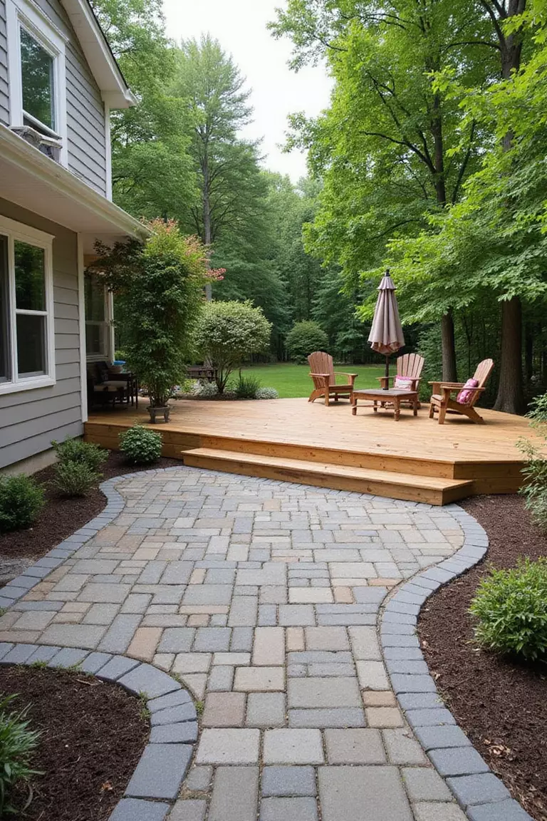 A photo of a typical American home's garden with a multi-level outdoor space combining wooden deck and paver patio areas, creating distinct zones.