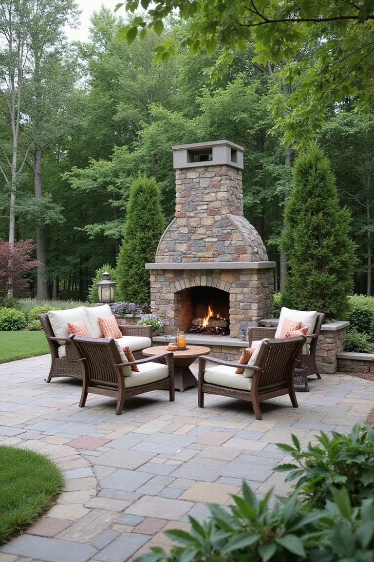 A photo of a typical American home's garden with a stone outdoor fireplace on a patio, featuring comfortable seating arranged around it.