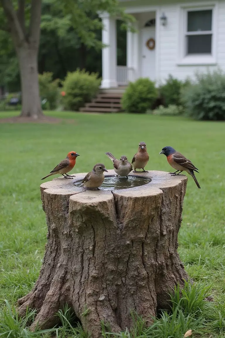A photo of a typical American home's garden with a tree stump topped with a shallow, decorative stone basin filled with water where birds are gathering to bathe.