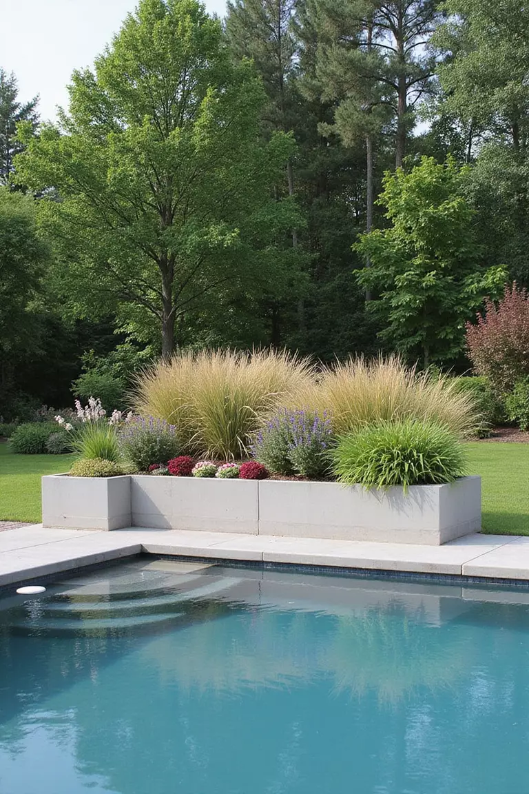 A photo of a typical American home's garden showing a modern swimming pool with built-in raised concrete planter walls filled with ornamental grasses and flowering perennials.