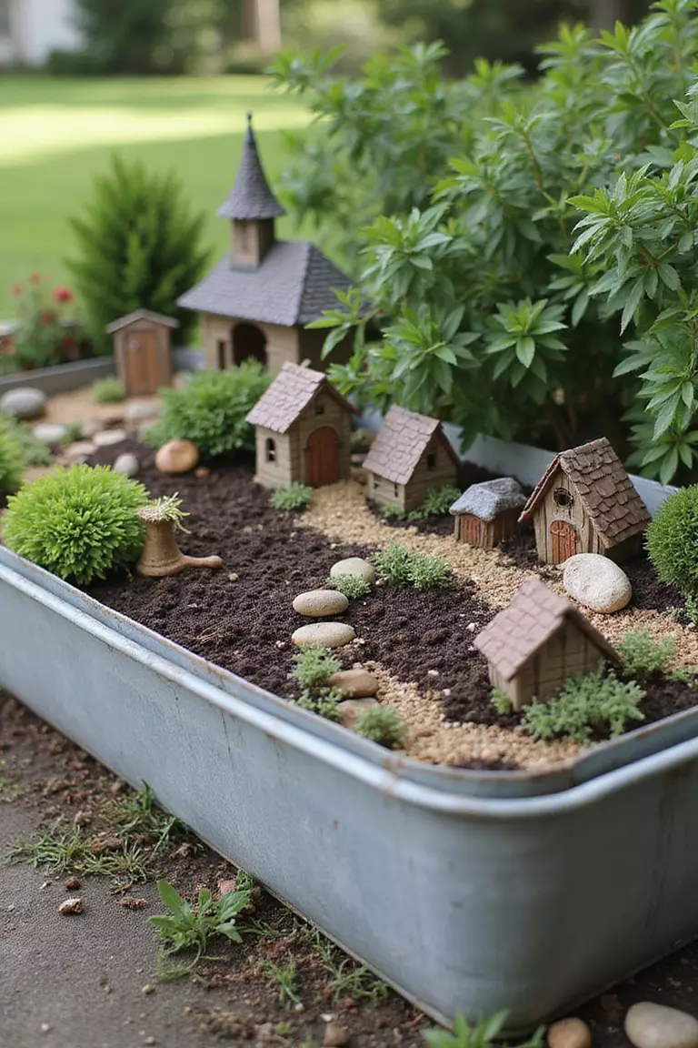 A photo of a typical American home's garden with a galvanized metal trough filled with soil, small plants, and an elaborate fairy garden scene with multiple buildings and accessories.