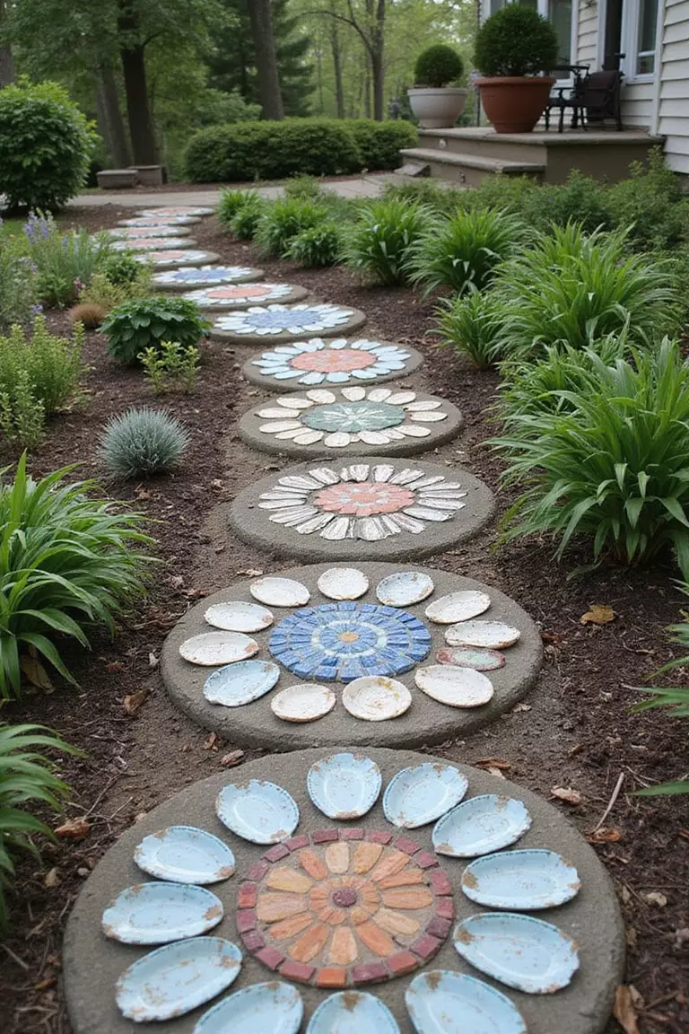 A photo of a typical American home's garden featuring stepping stones made from broken pieces of plates, tiles and ceramics arranged in concrete.