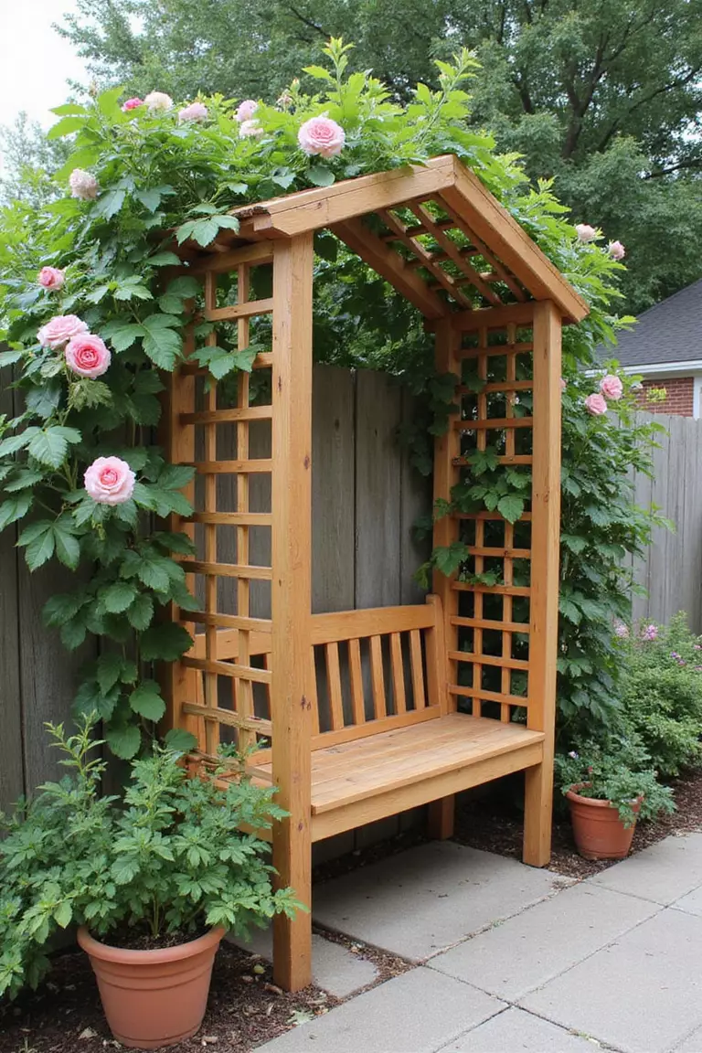 A photo of a typical American home's garden featuring a wooden trellis structure with an integrated bench seat, surrounded by climbing roses and potted plants.