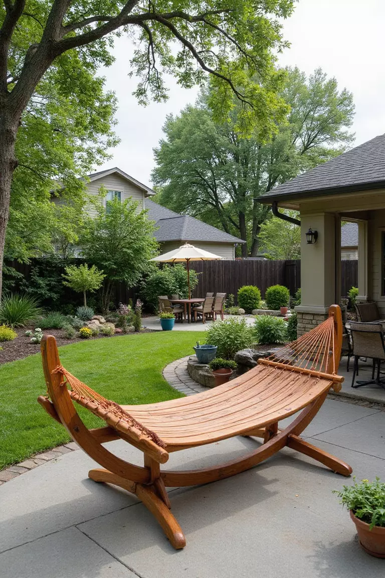 Hammock with Stand Backyard of a typical American suburban home with a garden featuring a wooden hammock stand on a patio, surrounded by potted plants and outdoor furniture.