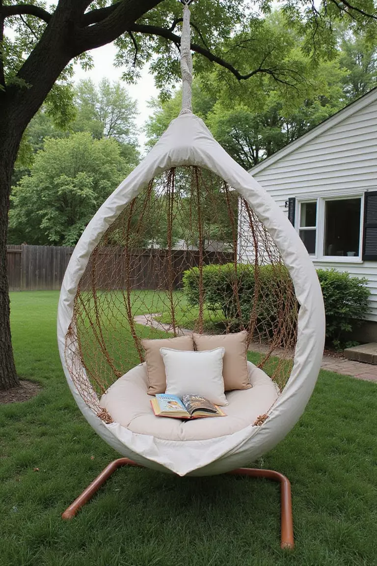 Hammock Swing Chair Backyard of a typical American suburban home with a garden featuring a hanging egg-shaped hammock chair suspended from a tree branch, with cushions and a book placed inside.