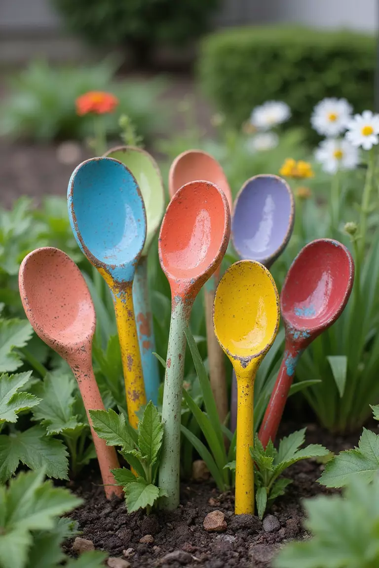 Wooden Spoon Garden Art A close-up photo of a typical American home's garden featuring a cluster of old wooden spoons painted in bright colors, arranged like flowers with their handles pushed into the soil among real plants.