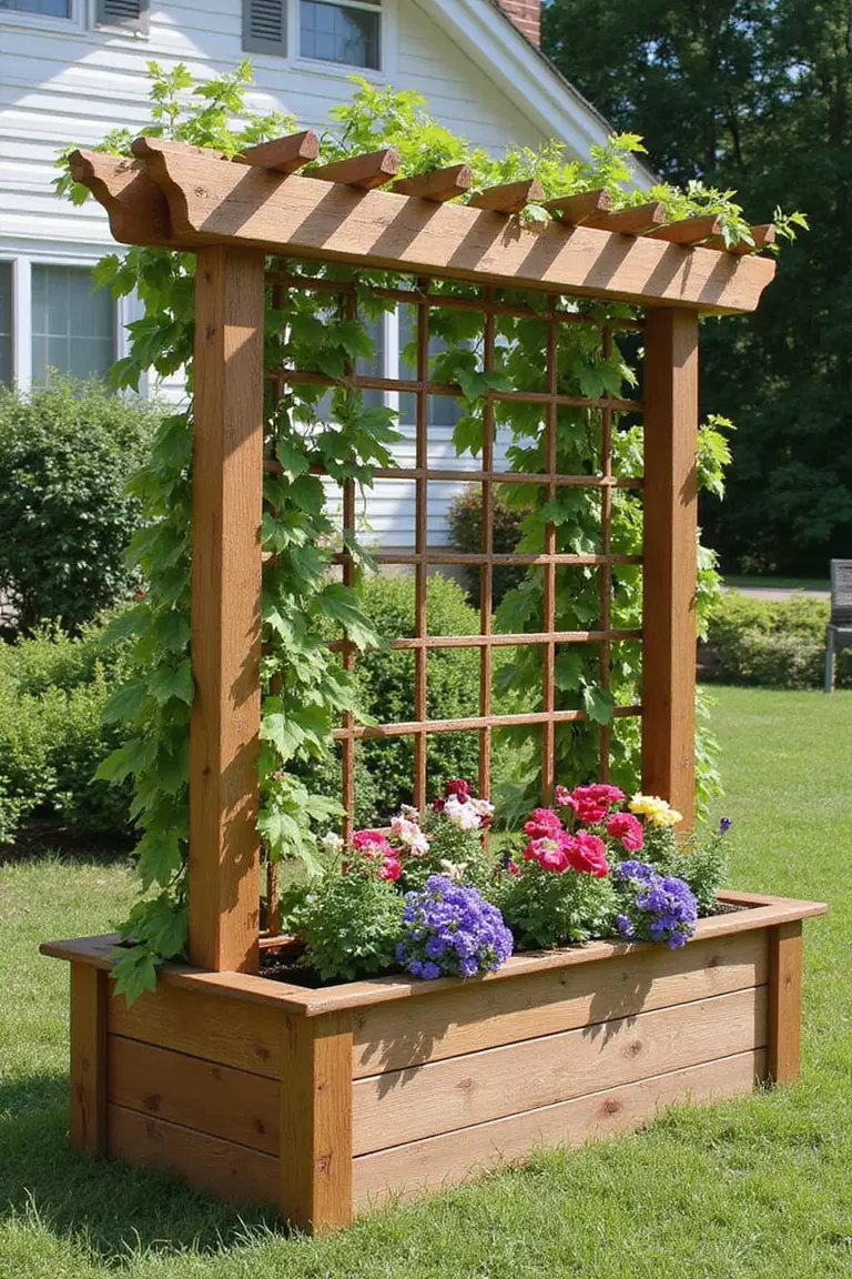 A photo of a typical American home's garden featuring a wooden trellis structure with integrated planter boxes at the base, filled with colorful flowers and climbing vines.