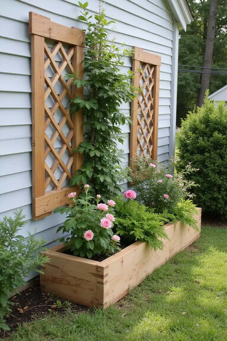 A photo of a typical American home's garden with a wooden planter box featuring built-in trellis panels, filled with climbing roses and trailing plants.