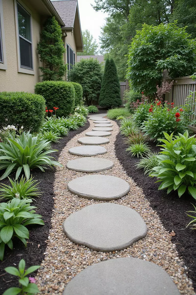 A photo of a typical American home's garden showing a winding path made of round stepping stones surrounded by ground cover plants and flowering borders.