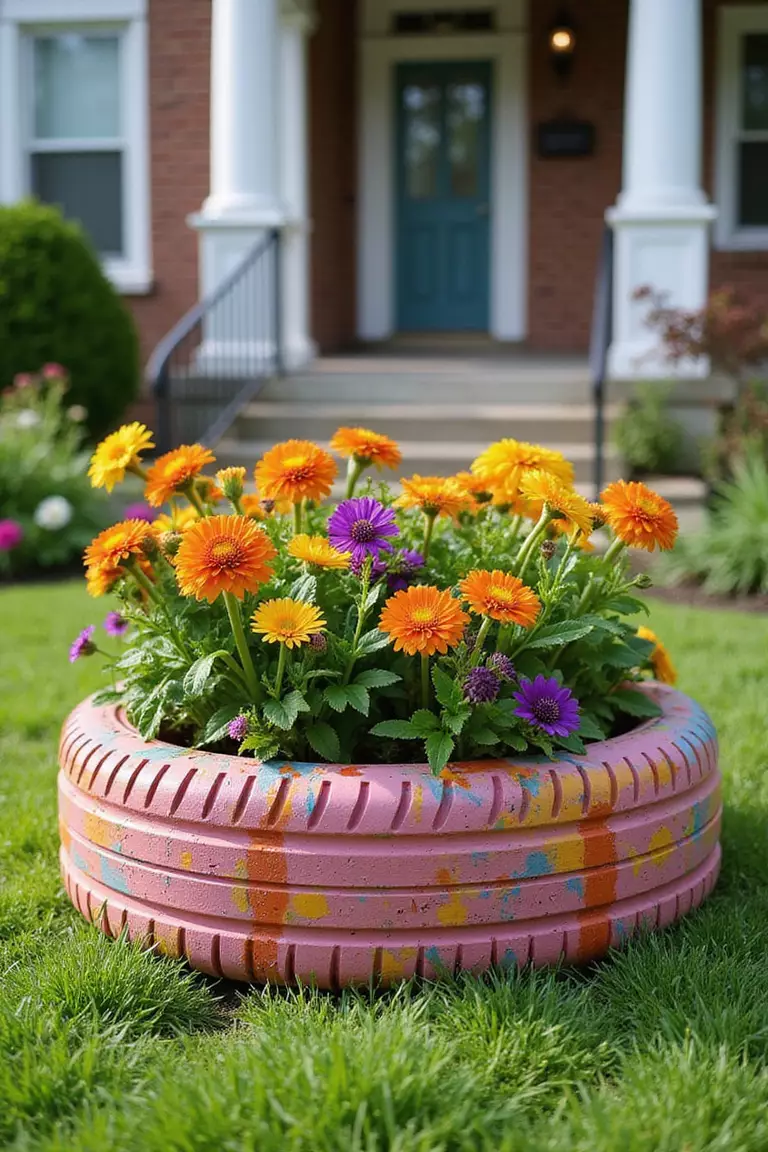 Tire Planter A photo of a typical American home's garden featuring a painted old tire transformed into a colorful flower planter, overflowing with bright annual flowers, positioned on green grass.