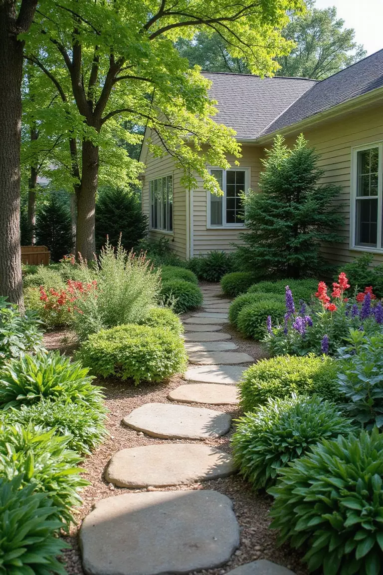 Backyard of a typical American suburban home with a garden featuring a winding stone pathway lined with colorful flowers, lush green plants on both sides, dappled sunlight.
