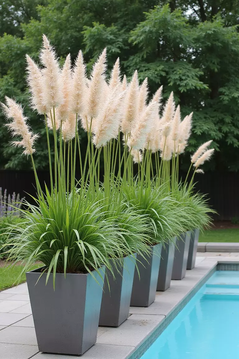 A photo of a typical American home's garden showing tall ornamental grasses with feathery seed heads in large modern planters surrounding a pool, swaying in the breeze.