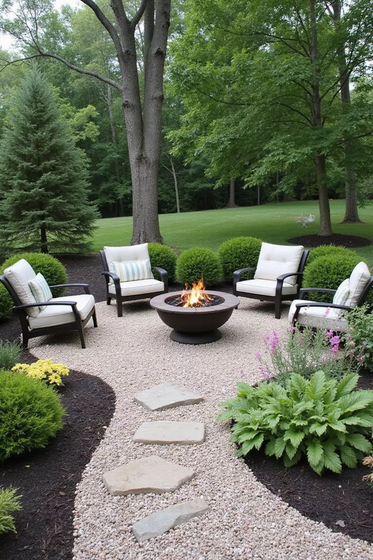 A photo of a typical American home's garden gravel patio featuring a central fire pit surrounded by comfortable outdoor seating on a bed of small pebbles.