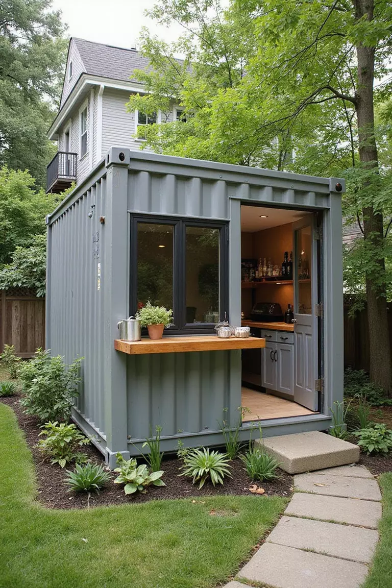 A photo of a typical American home's garden with a repurposed metal shipping container modified with windows and a bar counter