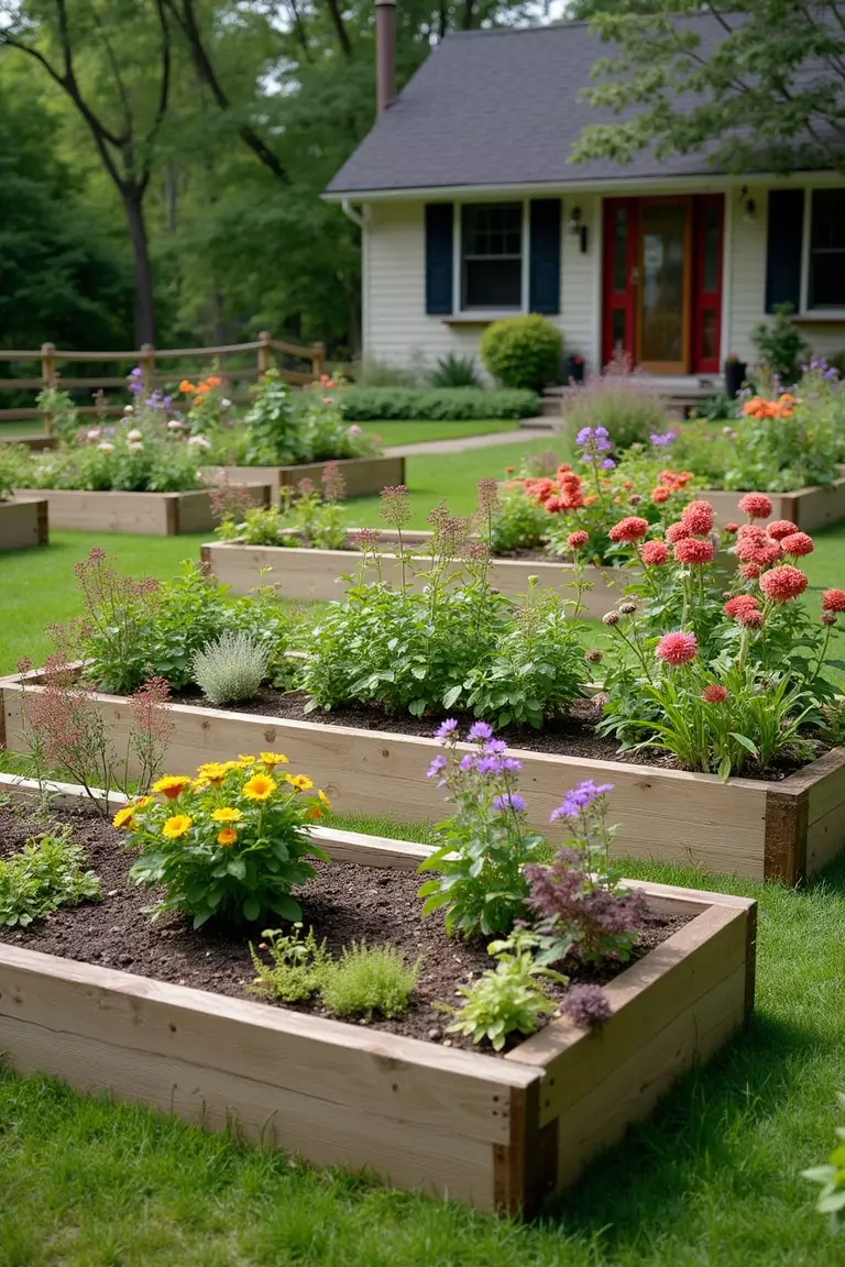 A photo of a typical American home's garden with wooden raised beds filled with organized plantings of perennials in different colors and heights