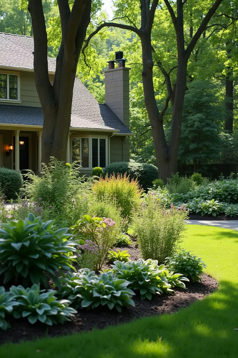 A photo of a typical American home's garden with hostas, ferns, and shade-loving flowering plants arranged under tall trees with dappled light filtering through.