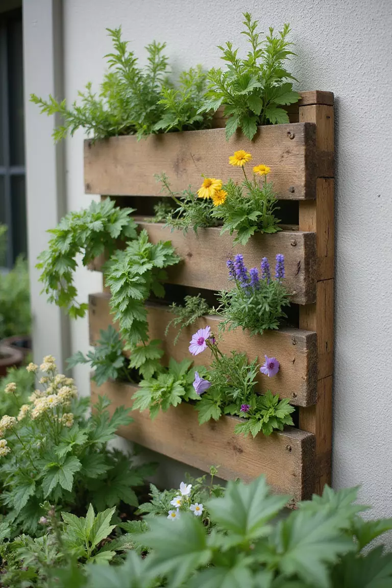 Wooden Pallet Garden A close-up photo of a typical American home's garden featuring a vertical wooden pallet mounted on a wall with various herbs and small flowers growing from its slots.