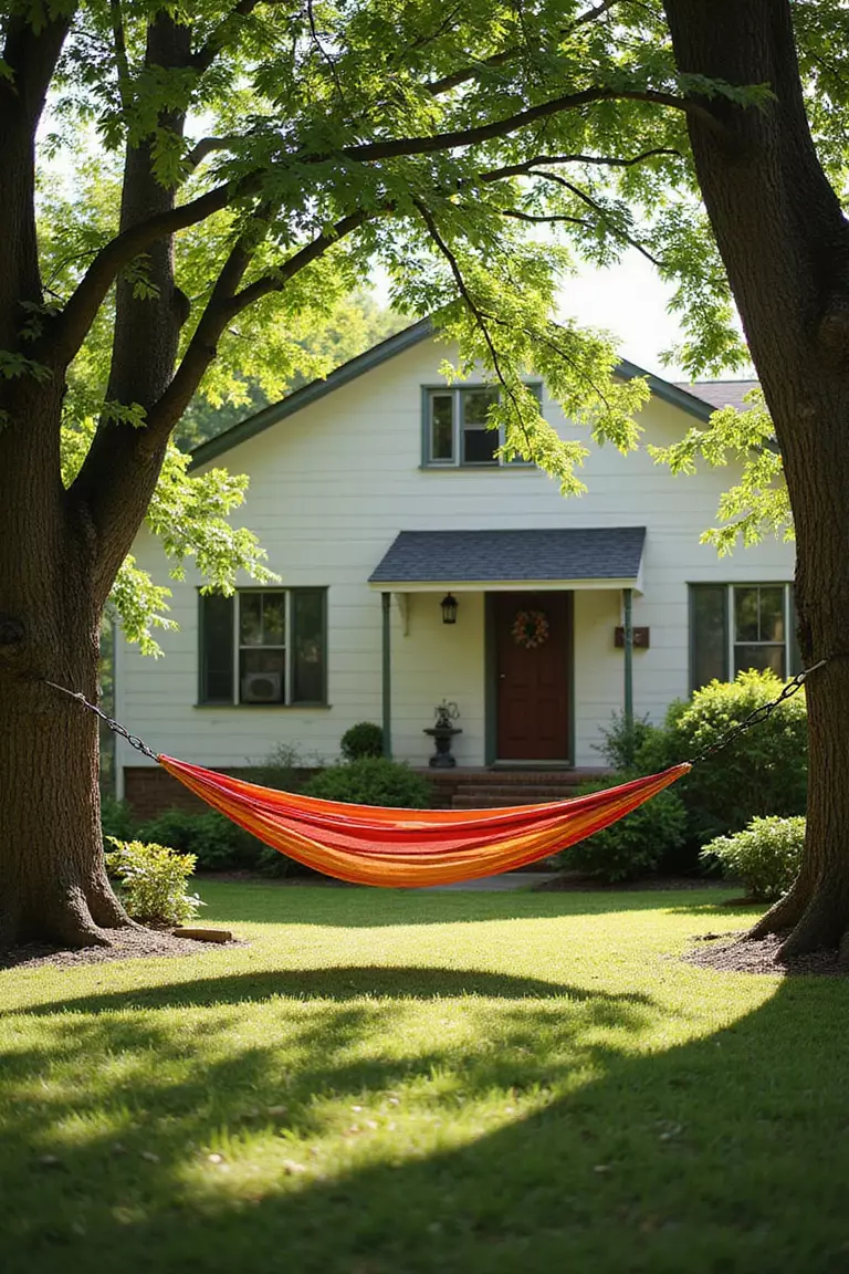 A photo of a typical American home's garden with a colorful fabric hammock strung between two mature trees, dappled sunlight filtering through leaves