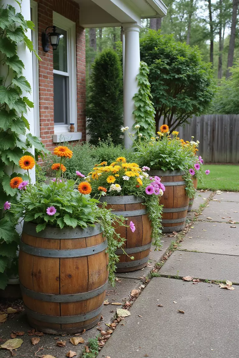 A photo of a typical American home's garden featuring rustic wooden half-barrel planters filled with colorful flowers and trailing vines.