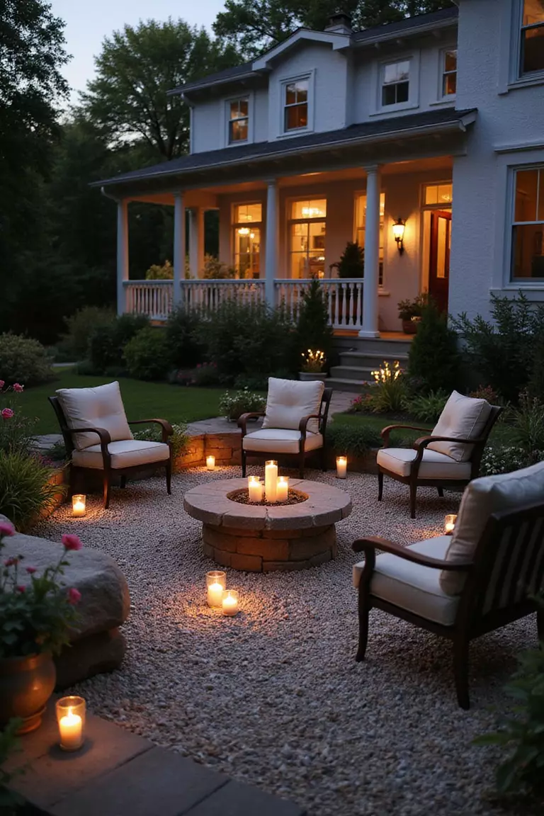 A photo of a typical American home's garden gravel patio at dusk with romantic elements like candles, roses, and intimate seating arrangements on fine gravel.