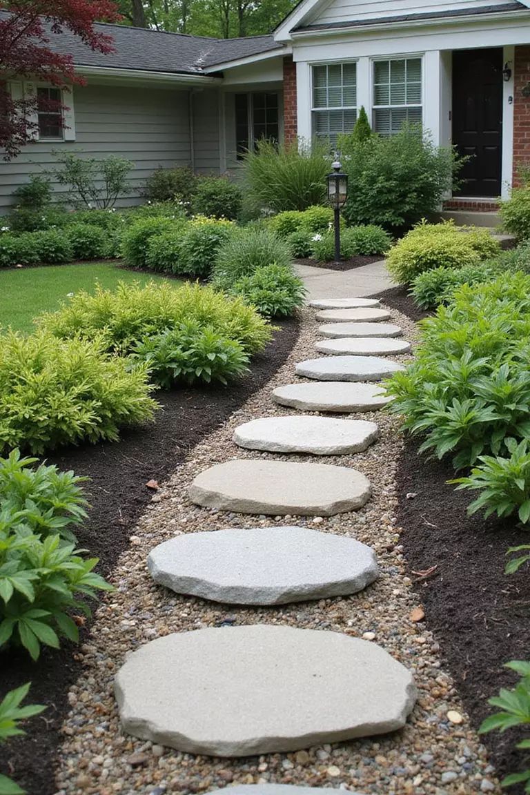 A photo of a typical American home's garden with small stepping stones arranged in a spiral pattern, creating a meditative path surrounded by low ground cover plants.