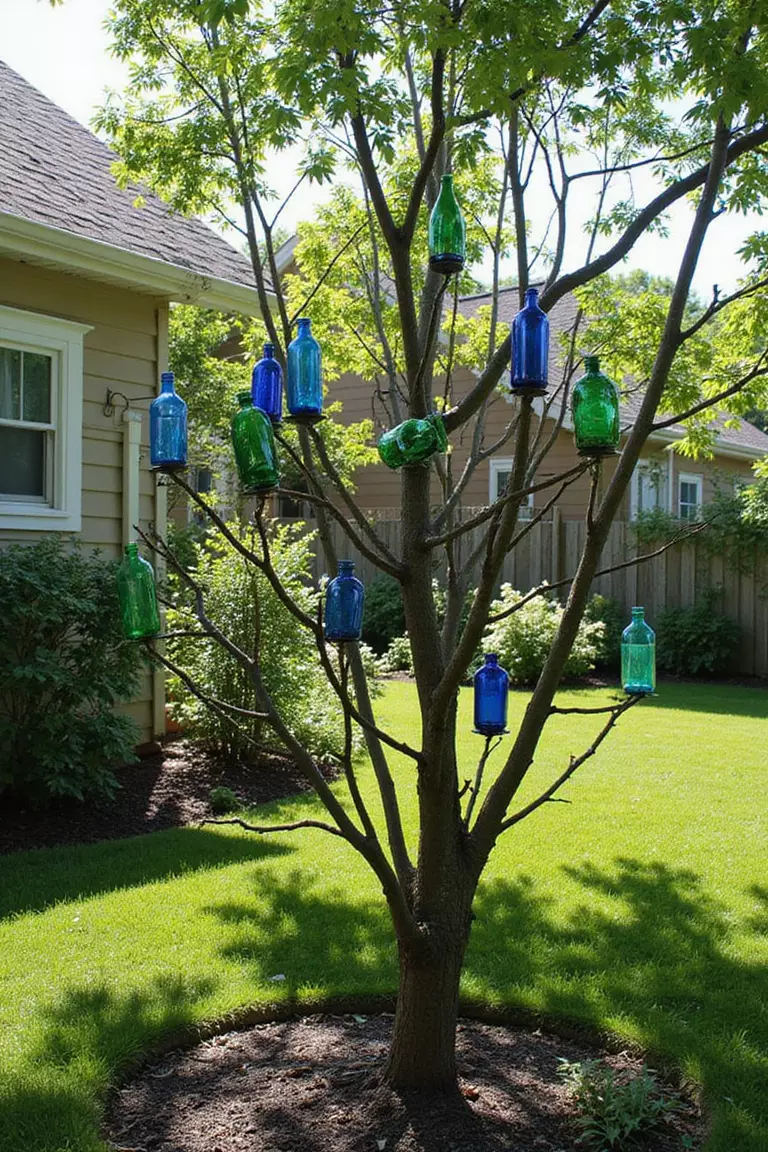 A photo of a typical American home's garden featuring a metal frame tree with colorful glass bottles placed on branch ends, sunlight shining through blue and green glass.