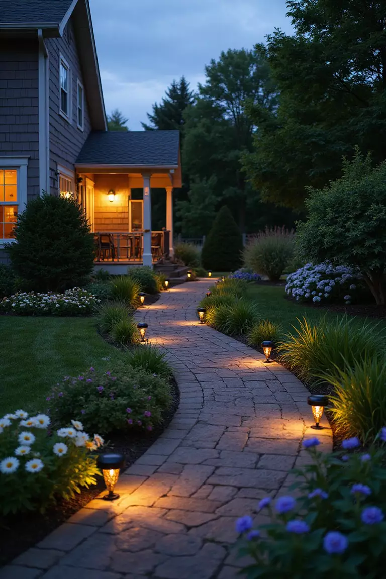 Backyard of a typical American suburban home with a garden showing a curving garden path illuminated by small solar lights glowing at dusk, guiding the way through flower beds.